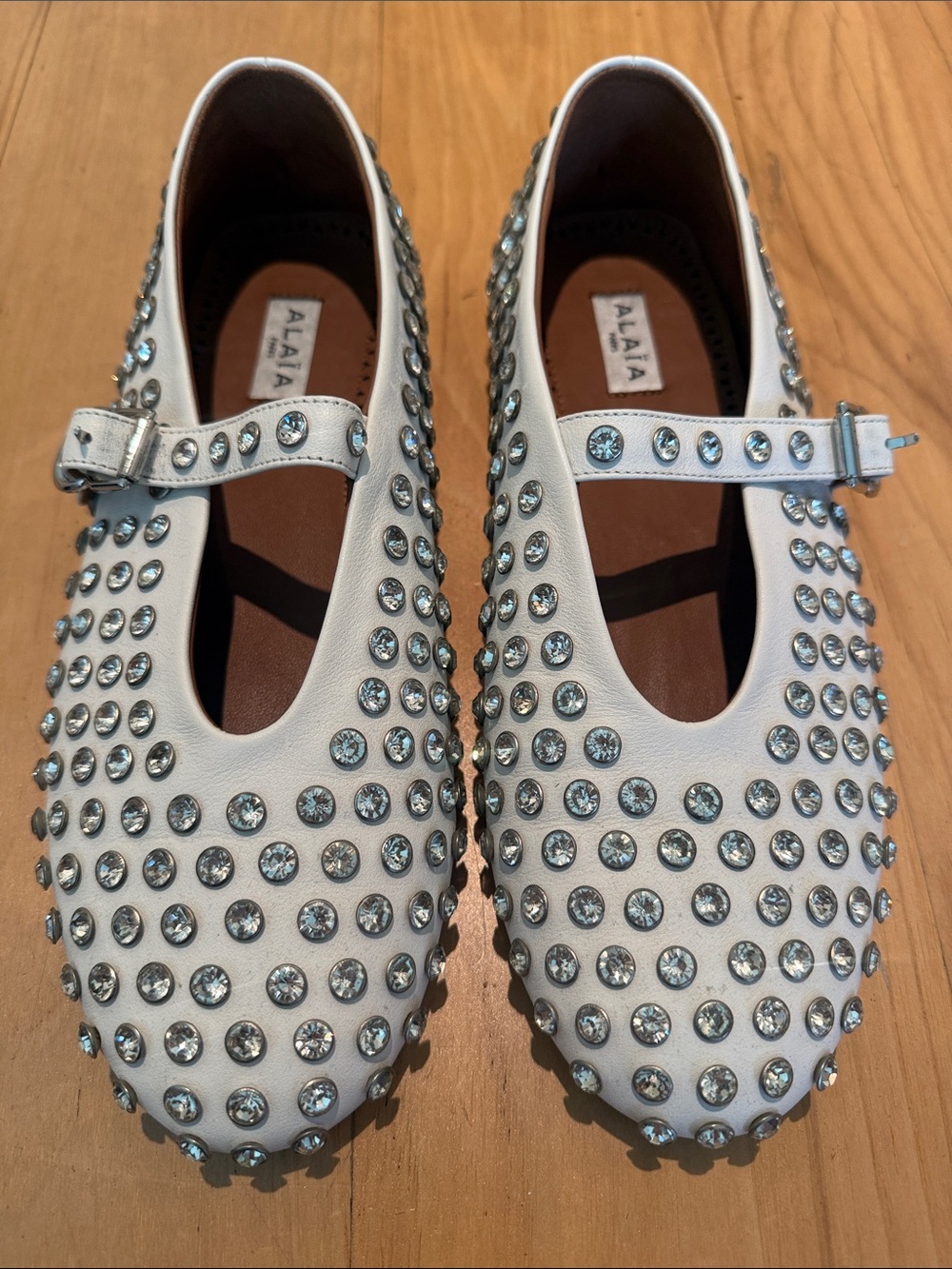 Alaia White Leather Mary Jane Flats with Crystal Studs